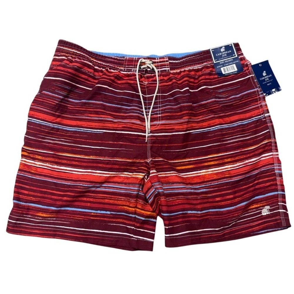 Caribbean Joe Swim Trunks Men XXL Coral Striped Board Shorts Keepsake Pocket NWT